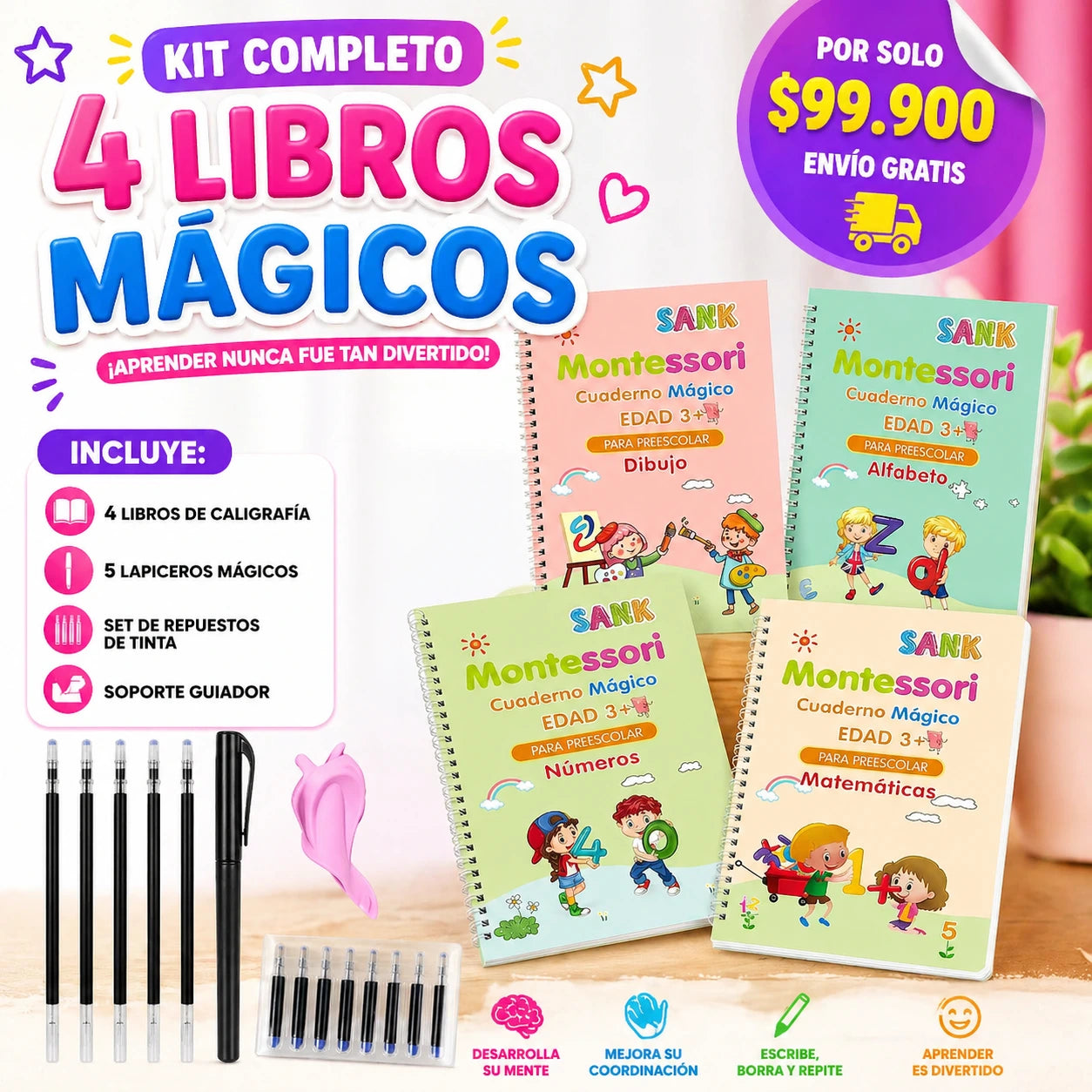 Cuadernos Mágicos Reutilizables para Niños (4 Pack) – Caligrafía, Números y Dibujo