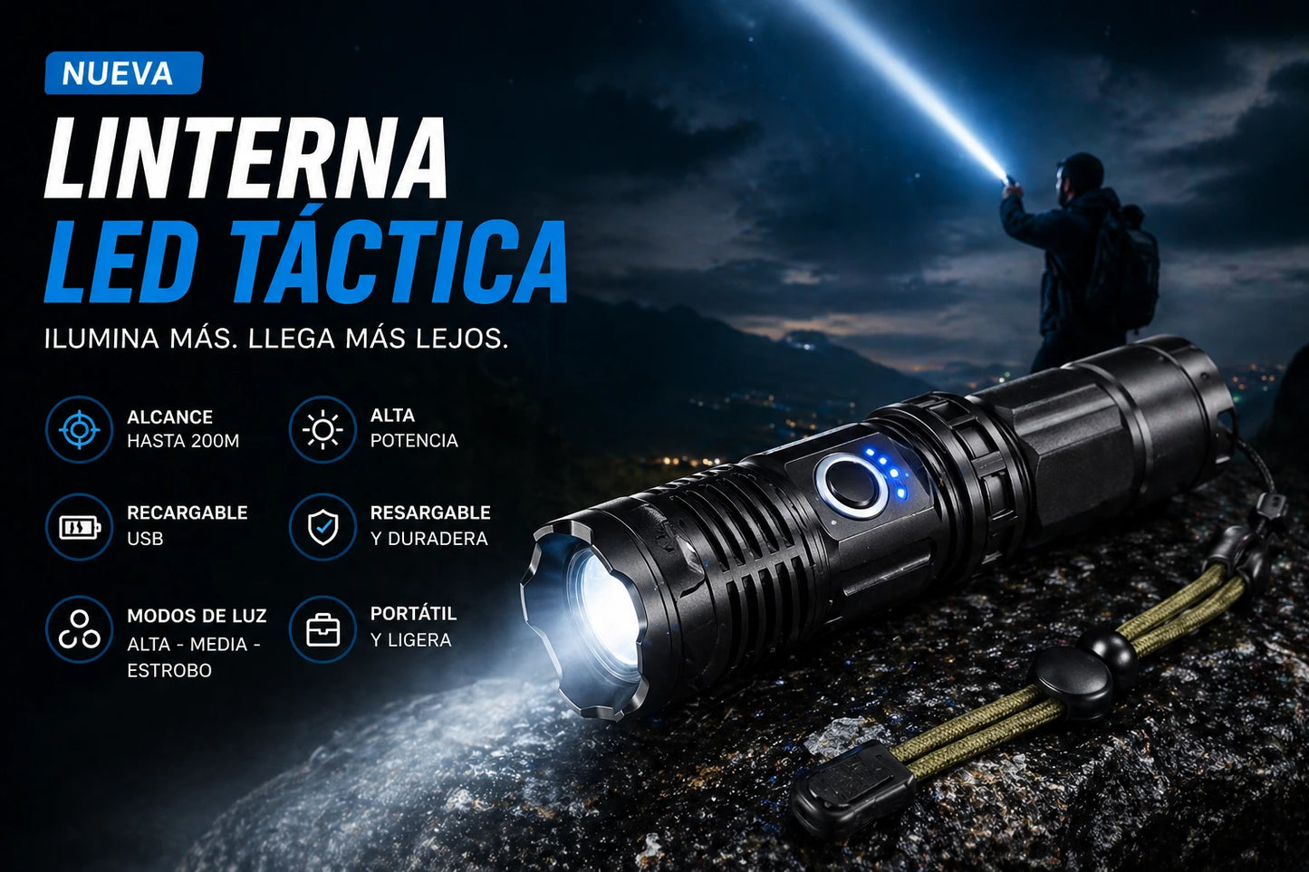 Linterna Táctica 4 en 1 – Potencia Extrema y Carga en Cualquier Lugar